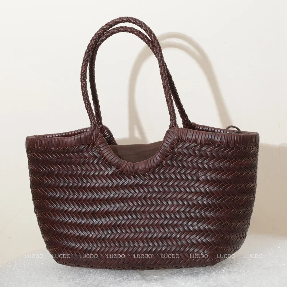 Damen Schultertasche aus echtem Leder – Handgeflochtene Vintage Tote Bag aus Rindsleder, große Shoppingtasche