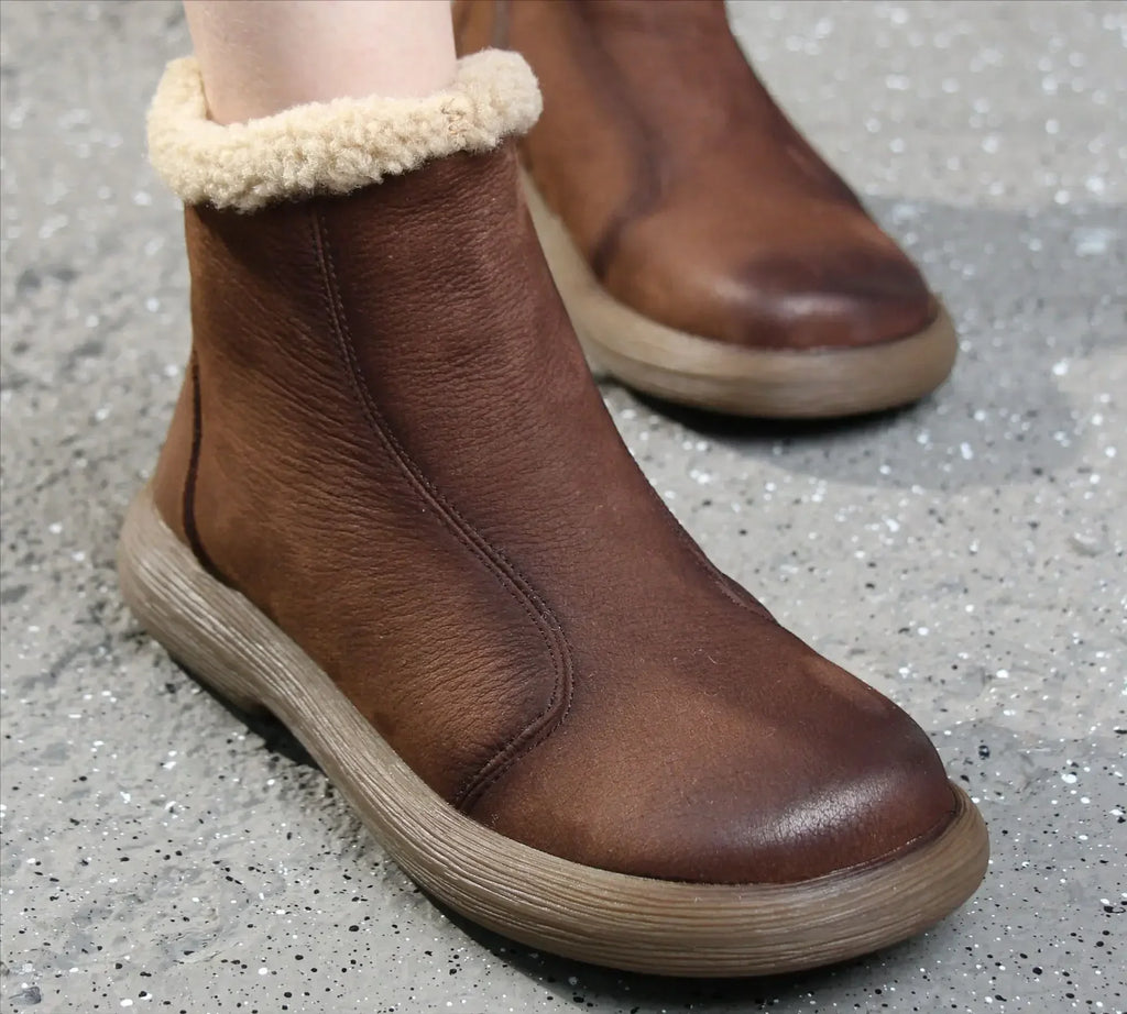 Handgefertigte Damen Stiefeletten aus echtem Leder – Warme Retro Ankle Boots mit Rundspitze &amp; Reißverschluss (Größe 35–45) 