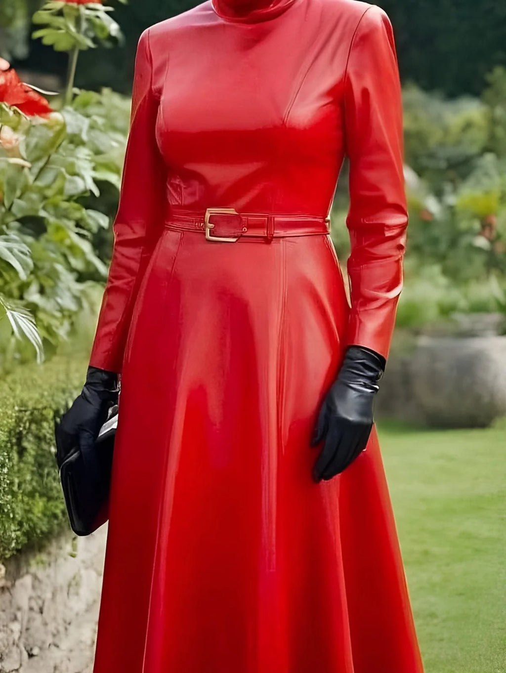 Elegantes PU-Leder Maxi-Kleid in Rot – Langarm Damenkleid mit Stehkragen, Gürtel & schlanker Passform für Frühling & Sommer