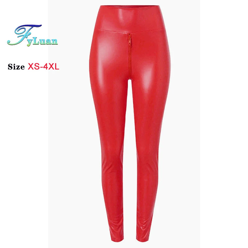 Damen PU Lederleggings High Waist – Matte Push-Up Leggings mit Doppelreißverschluss, Stretch & Knöchellänge