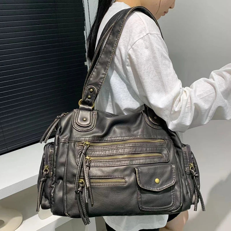 Bolso tote Punk Biker para mujer – Bolso grande de piel sintética y bandolera en estilo moto con bolsillos y múltiples bolsillos 