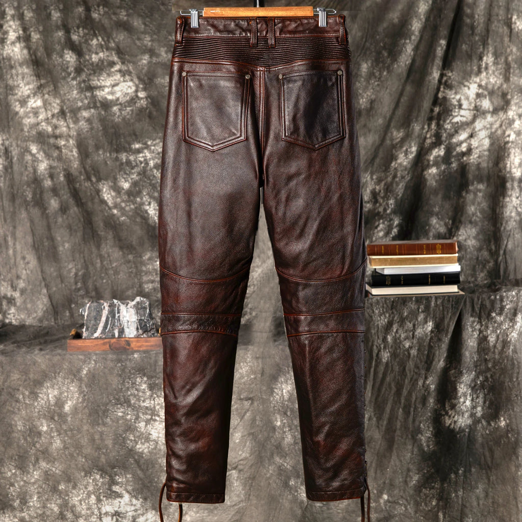 Herren Echtlederhose in Rotbraun – Vintage Motorrad-Lederhose aus natürlichem Rindsleder, Warme Winterhose im Retro-Stil bis 5XL