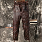 Herren Echtlederhose in Rotbraun – Vintage Motorrad-Lederhose aus natürlichem Rindsleder, Warme Winterhose im Retro-Stil bis 5XL