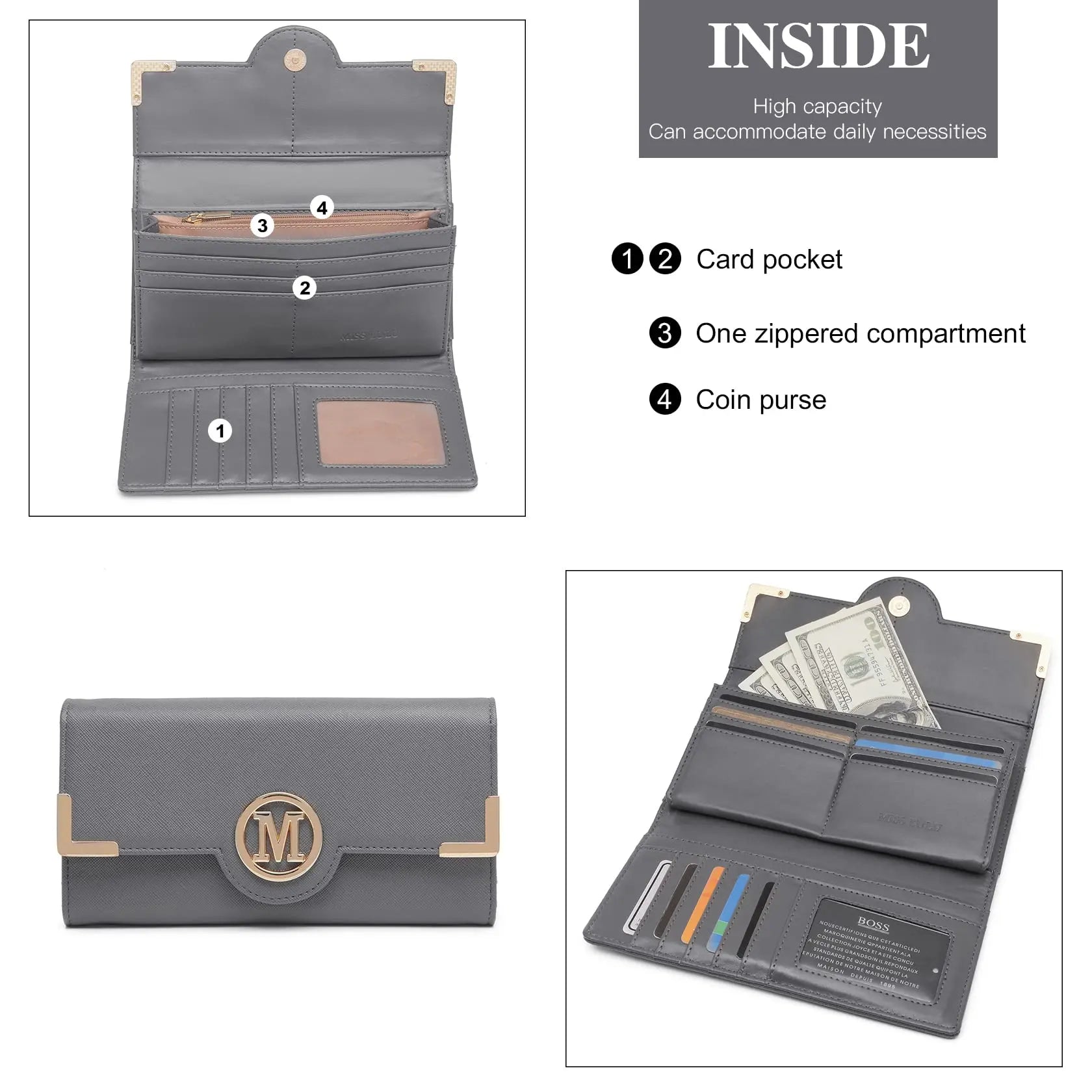 Miss Lulu Damen Geldbörse – Langes PU-Leder Portemonnaie mit Reißverschluss, Kartenfächern, Münzfach &amp; Handyfach 