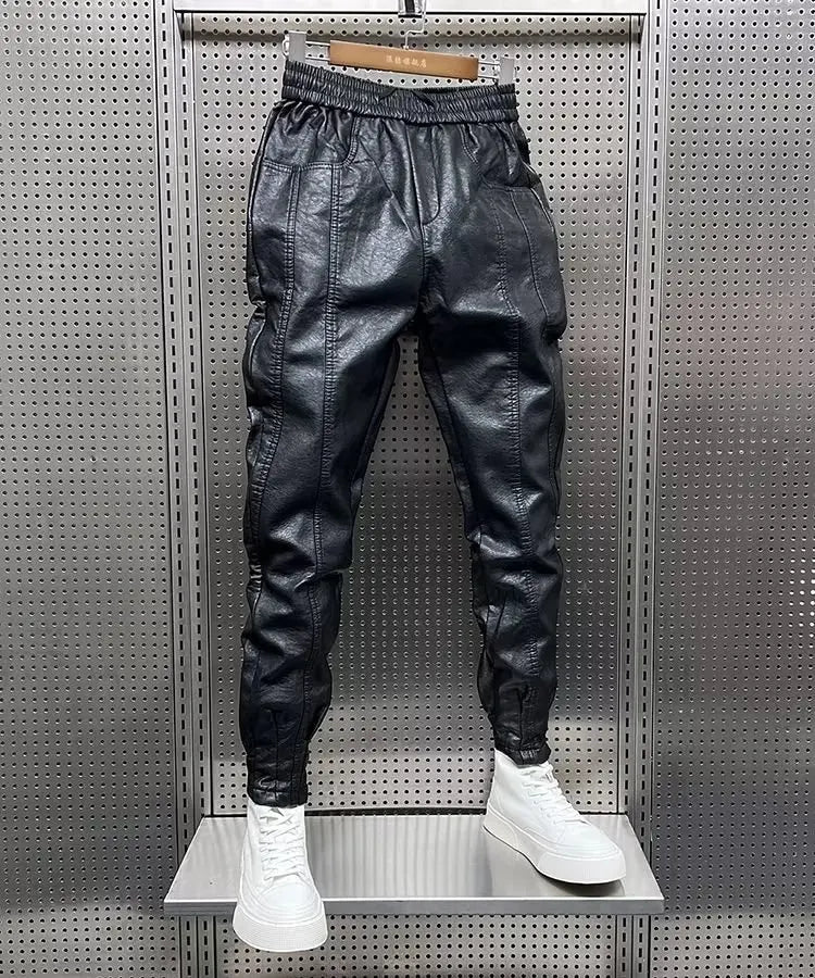 Pantalons d'art hip-hop pour hommes dans le style Harajuku - Pantalons de style streetwear en cuir avec cordon élastique, pantalons sarouel décontractés noirs