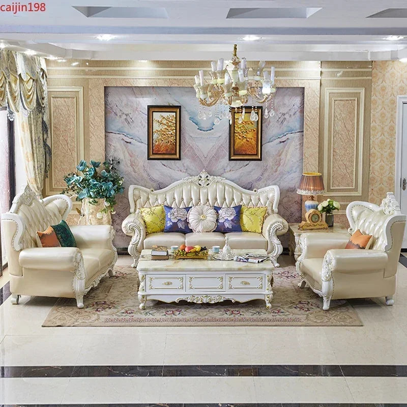 Europäisches Leder-Ecksofa aus Massivholz – Modulares L- oder U-Form Sofa im Retro-Modern-Stil für Wohnzimmer, Apartment & Villa