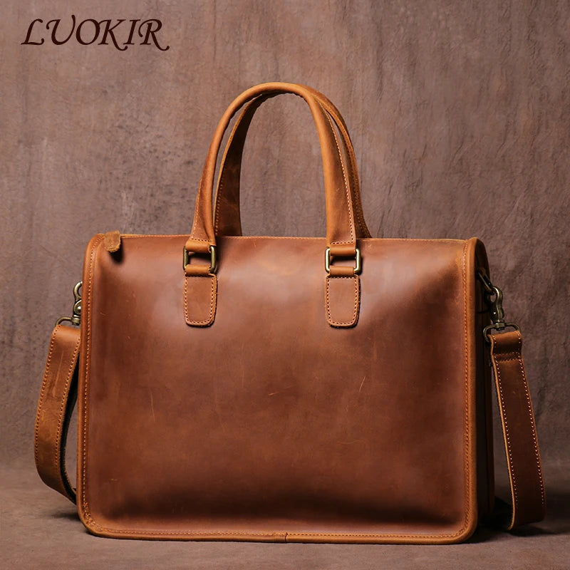 LUOKIR Herren Leder-Aktentasche – Maletín vintage de piel de vaca Crazy Horse para portátil de 14"