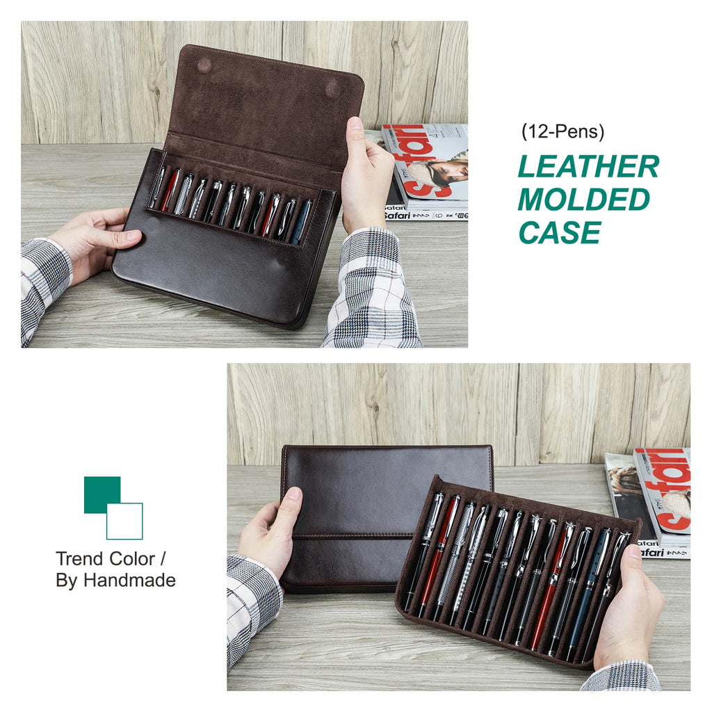 Großes Leder Füllfederhalter Etui mit 12 Steckplätzen – Hochwertiges Pen Case aus echtem Leder für Schule & Büro