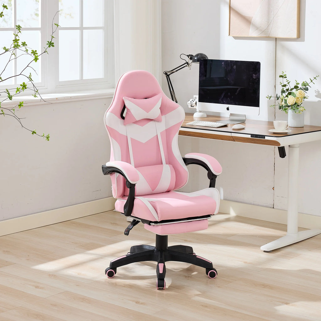 Ergonomischer Racing Gaming Chair in Pink – Höhenverstellbarer Leder-Drehstuhl mit High-Back Rückenlehne, Fußstütze & Massagefunktion
