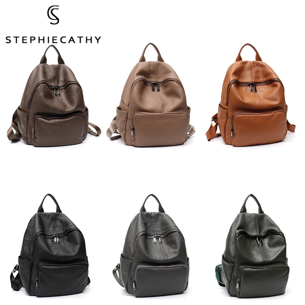 STEPHIECATHY Rucksack aus weichem Echtleder – Unisex Leder-Rucksack mit Multi-Reißverschlussfächern für Alltag & Reise
