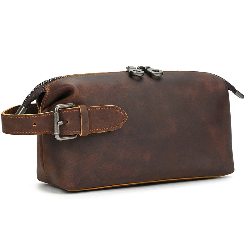 Hochwertige Kleine Reise-Kosmetiktasche aus Crazy Horse Leder – Vintage Leder Wash- &amp; Make-up Bag para hombres 