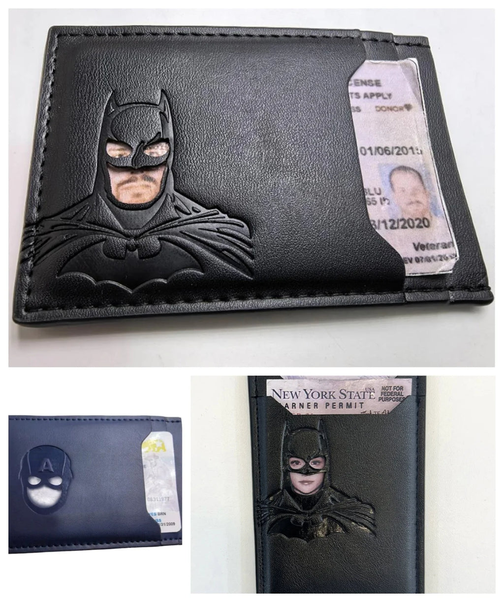 Carte en cuir avec masque Superhelden – Portefeuille Bat compact avec sac à dos pour cartes et sacs | Stylet pour les fans 