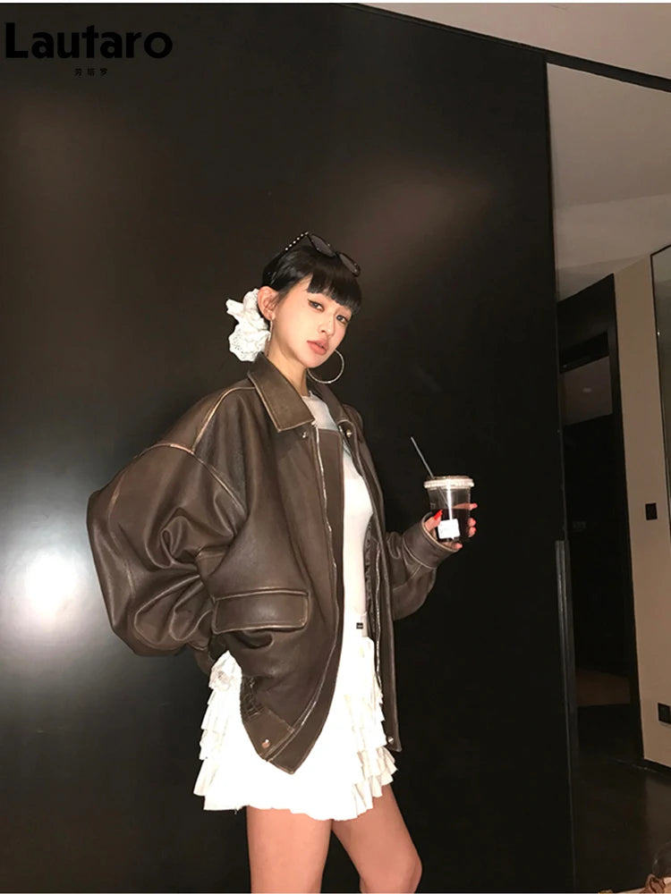 Lautaro Damen Oversized PU Lederjacke – Retro Vintage Kunstlederjacke im Used Look, lässige Zipper-Jacke für Frühling & Herbst