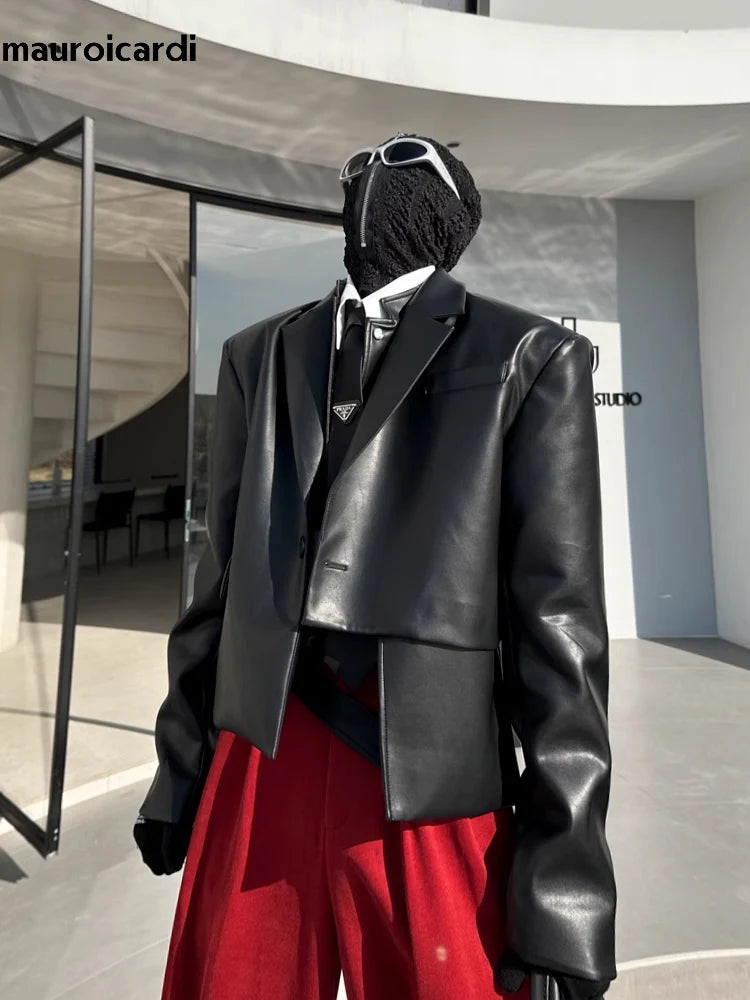 Mauroicardi Herren PU Lederblazer Kurz & Locker – Casual Designer Jacke in Schwarz oder Lila, weiche Lederoptik für Frühling & Herbst