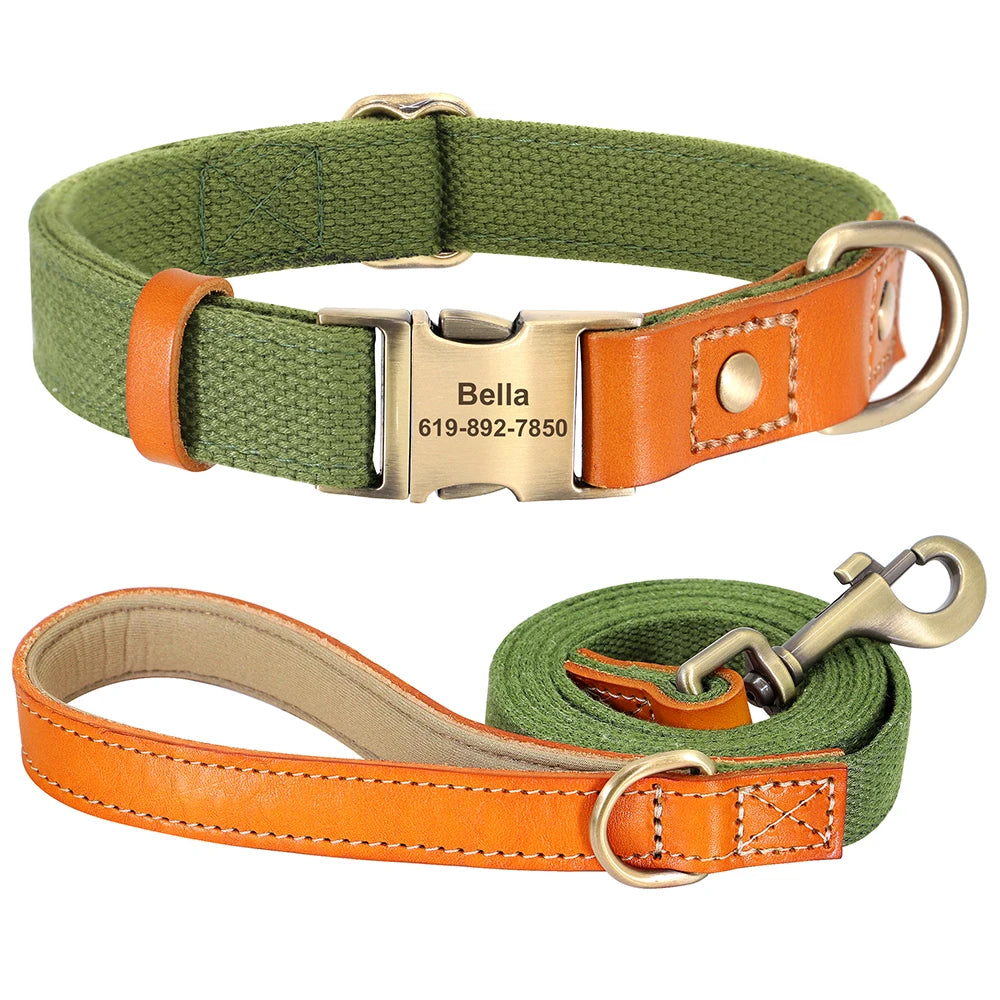 Personalisiertes Hunde-Halsband & Leinen-Set aus Nylon & Echtleder – Graviertes ID-Halsband mit 5ft Führleine für kleine, mittlere & große Hunde