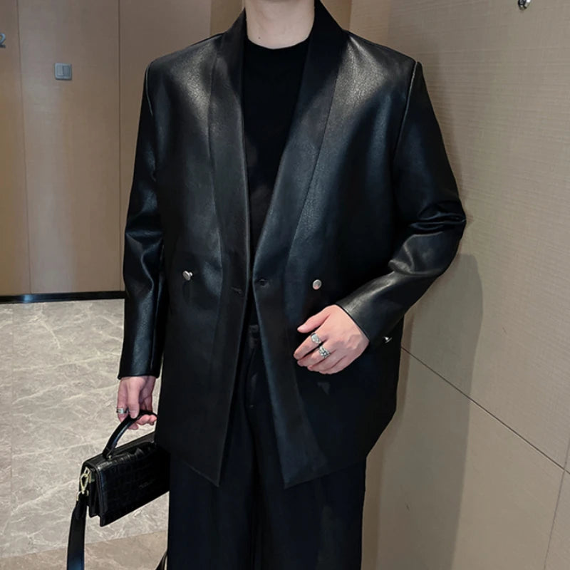 Herren PU Lederjacke Herbst/Winter – Lockerer Double-Breasted Lederblazer ohne Kragen im Casual Style