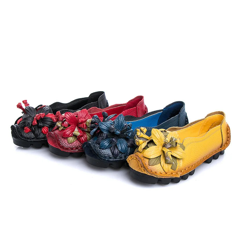 WOIZGIC Damen Flats BC-589 – Handgefertigte Ledermokassins mit Blumen, Mocassins à enfiler, Rétro et grande taille