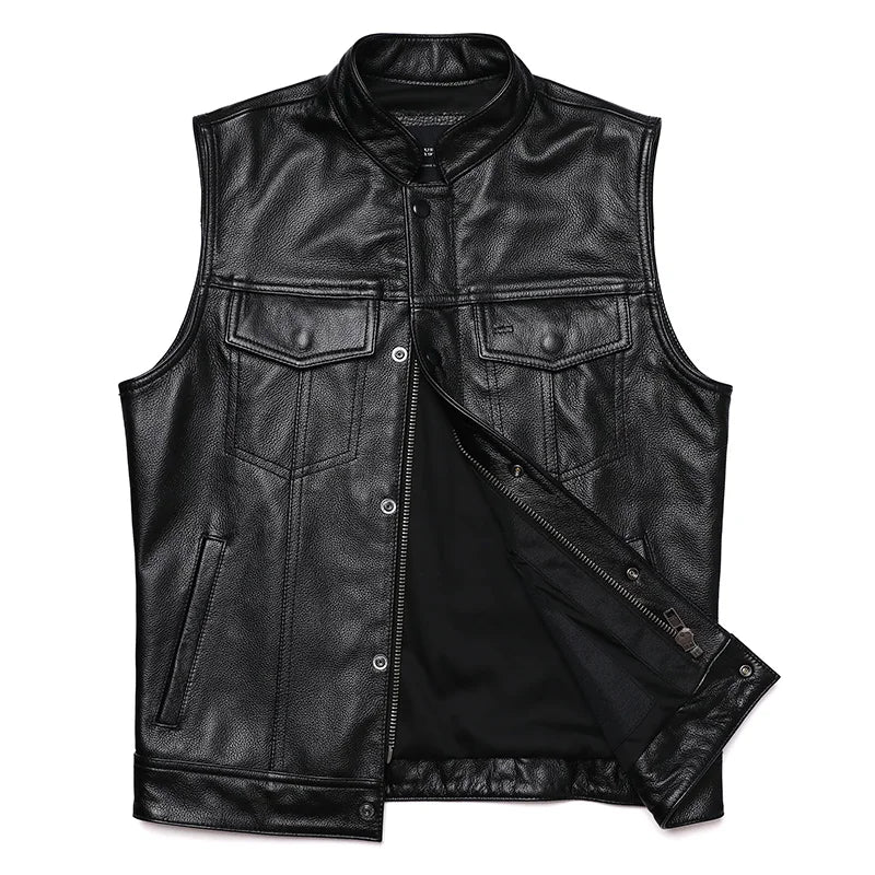 Herren Biker Lederweste aus echtem Rindsleder – Slim Fit Motorrad Weste im Sons of Anarchy Stil, Ärmellose Zipper-Weste für Frühjahr & Herbst