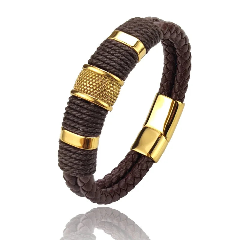 Luxus Herren Lederarmband Vintage – Mehrlagiges braunes Lederarmband mit Edelstahl & Perlen, elegantes Herrenarmband in Premium-Qualität