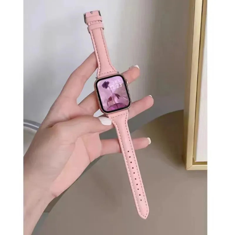 Schmales Lederarmband für Apple Watch – Elegantes Slim Leather Strap für Damen 38–45 mm & Ultra 49 mm mit Metallschließe