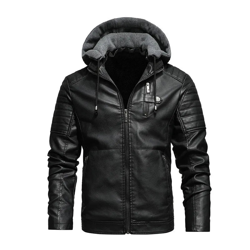 Herren PU-Lederjacke mit Kapuze & Fleece-Futter – Warme Motorradjacke für Herbst & Winter, Casual Lederjacke in Weiß