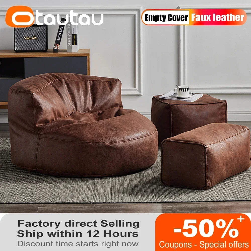 Großer Pouf Sofa Bezug in Lederoptik 100 cm – Beanbag Hülle für Sitzsack, Lounge Sessel & Ottoman, Retro Design ohne Füllung