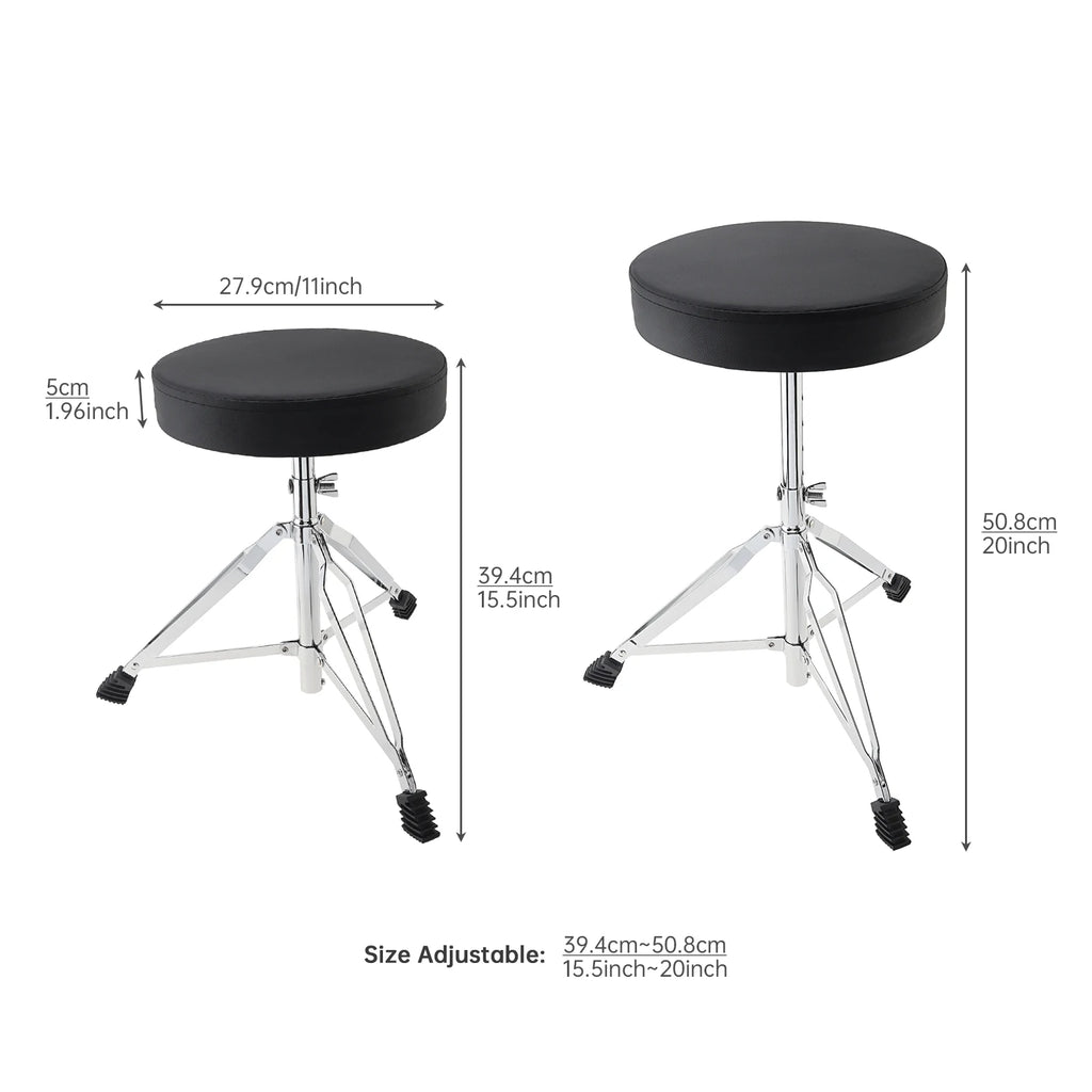 Höhenversstellbarer Drum Hocker aus PU-Leder – Gepolsterter Schlagzeugstuhl mit Edelstahl-Dreibein für Anfänger &amp; Erwachsene 