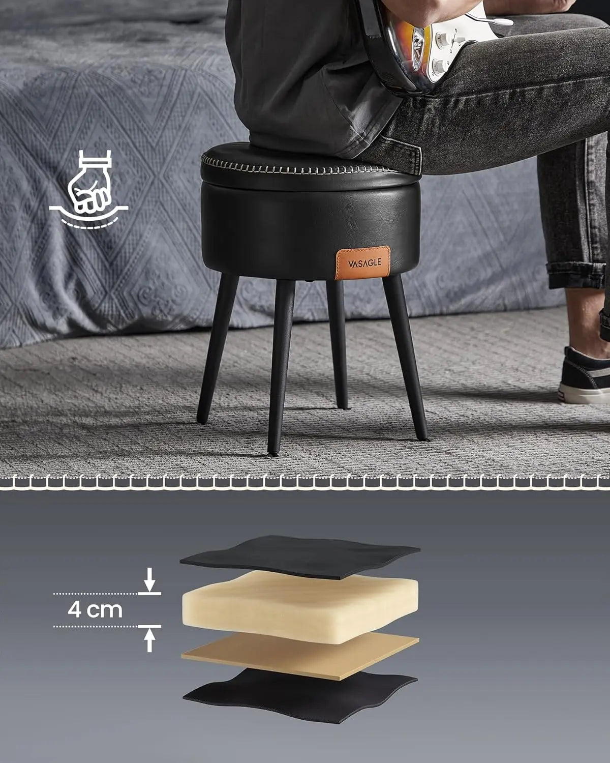 VASAGLE Sitzhocker mit Stauraum aus PU-Leder – Moderner Fußhocker & Schminkhocker bis 150 kg, EKHO Kollektion, Ink Black