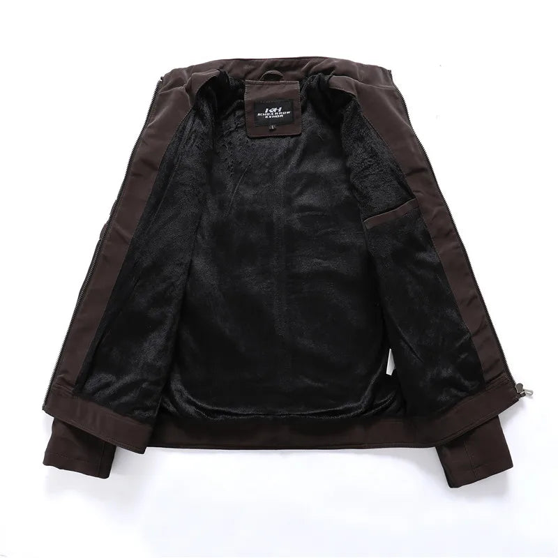 Herren Motorrad PU-Lederjacke mit Fleece-Futter – Vintage Biker Jacke mit Stehkragen &amp; Multi-Taschen pour Herbst &amp; Winter 2025
