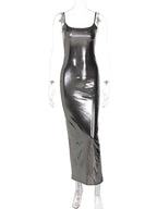 Glänzendes Patentleder Maxi Kleid für Damen – Ärmelloses Bodycon Langkleid mit eckigem Ausschnitt & rückenfreiem Design, elegantes Club- & Party-Kleid