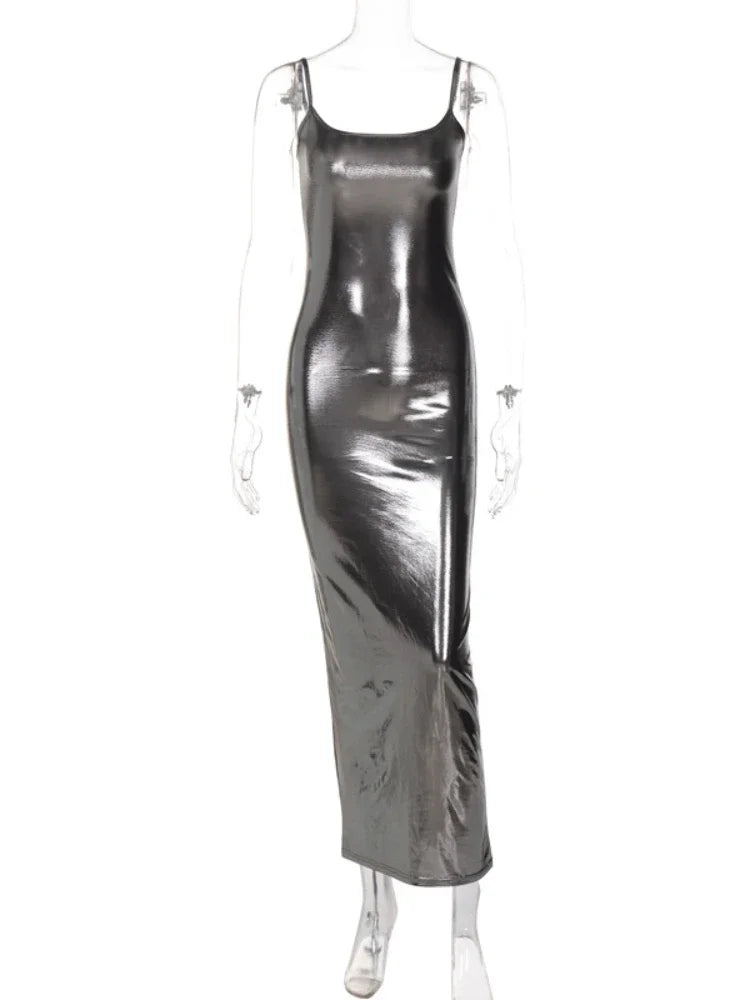 Glänzendes Patentleder Maxi Kleid für Damen – Ärmelloses Bodycon Langkleid mit eckigem Ausschnitt & rückenfreiem Design, elegantes Club- & Party-Kleid