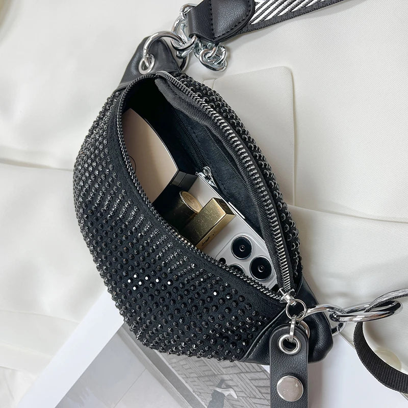 Damen PU Leder Gürteltasche – Designer Hüfttasche, Diamond Fanny Pack, Crossbody- & Chest Bag mit Kettenriemen