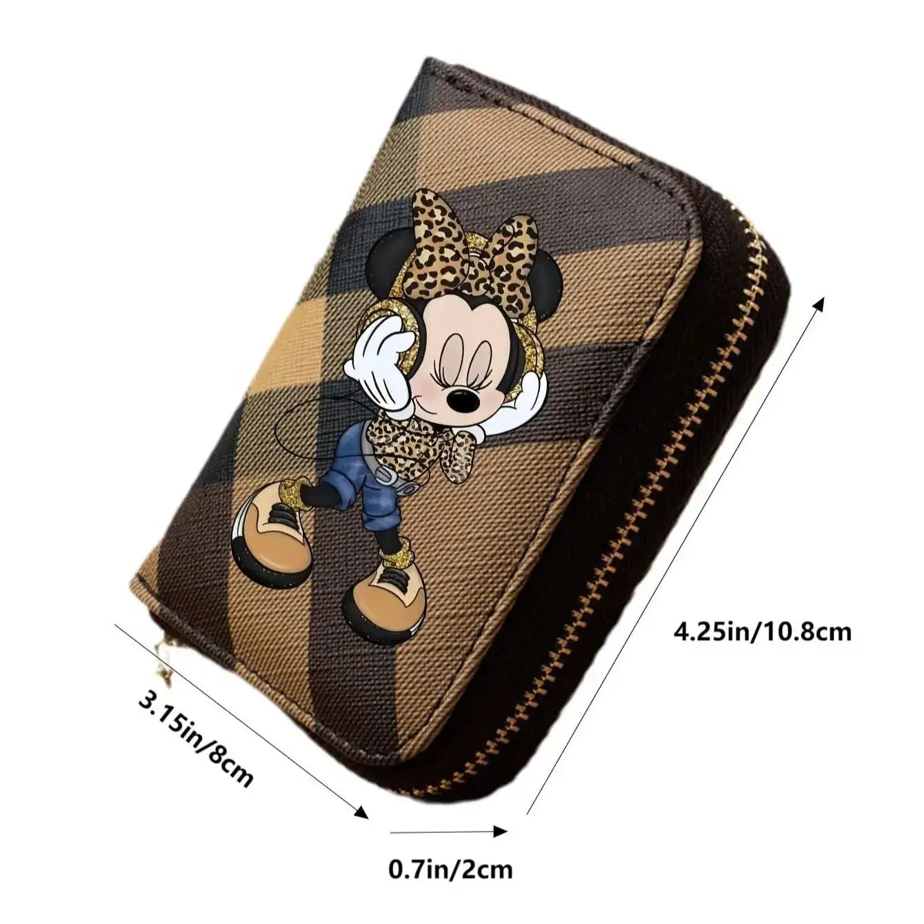Potdemiel Damen Geldbörse aus PU-Leder – Kurze Wallet mit Reißverschluss, Minnie Karomuster & Leoparden-Design, Kartenfächer in 3 Farben