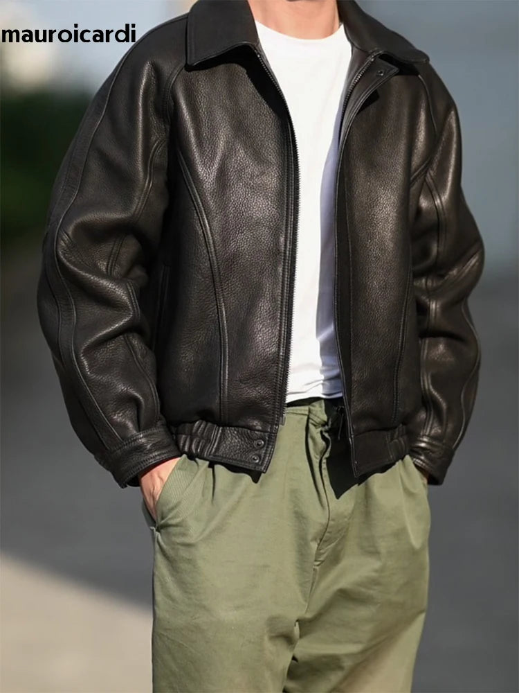 Herren PU-Lederjacke in Schwarz – Vintage Designer Jacke im American Style, Loose Fit mit Reißverschluss für alle Jahreszeiten