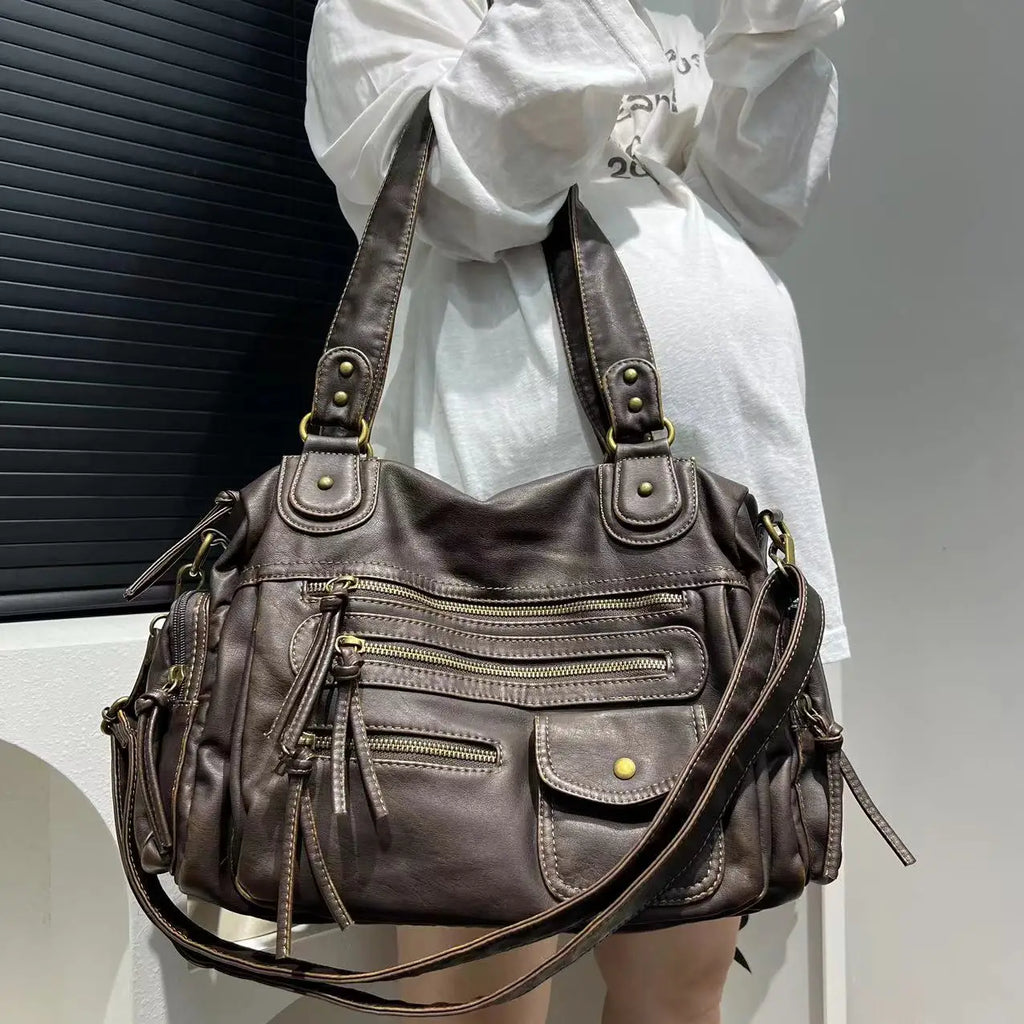 Y2K Bolso bandolera para mujer – Vintage PU-Leder Motorrad Tasche mit Multi-Fächern, Große Kapazität Schultertasche für Frauen