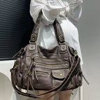 Y2K Bolso bandolera para mujer – Vintage PU-Leder Motorrad Tasche mit Multi-Fächern, Große Kapazität Schultertasche für Frauen