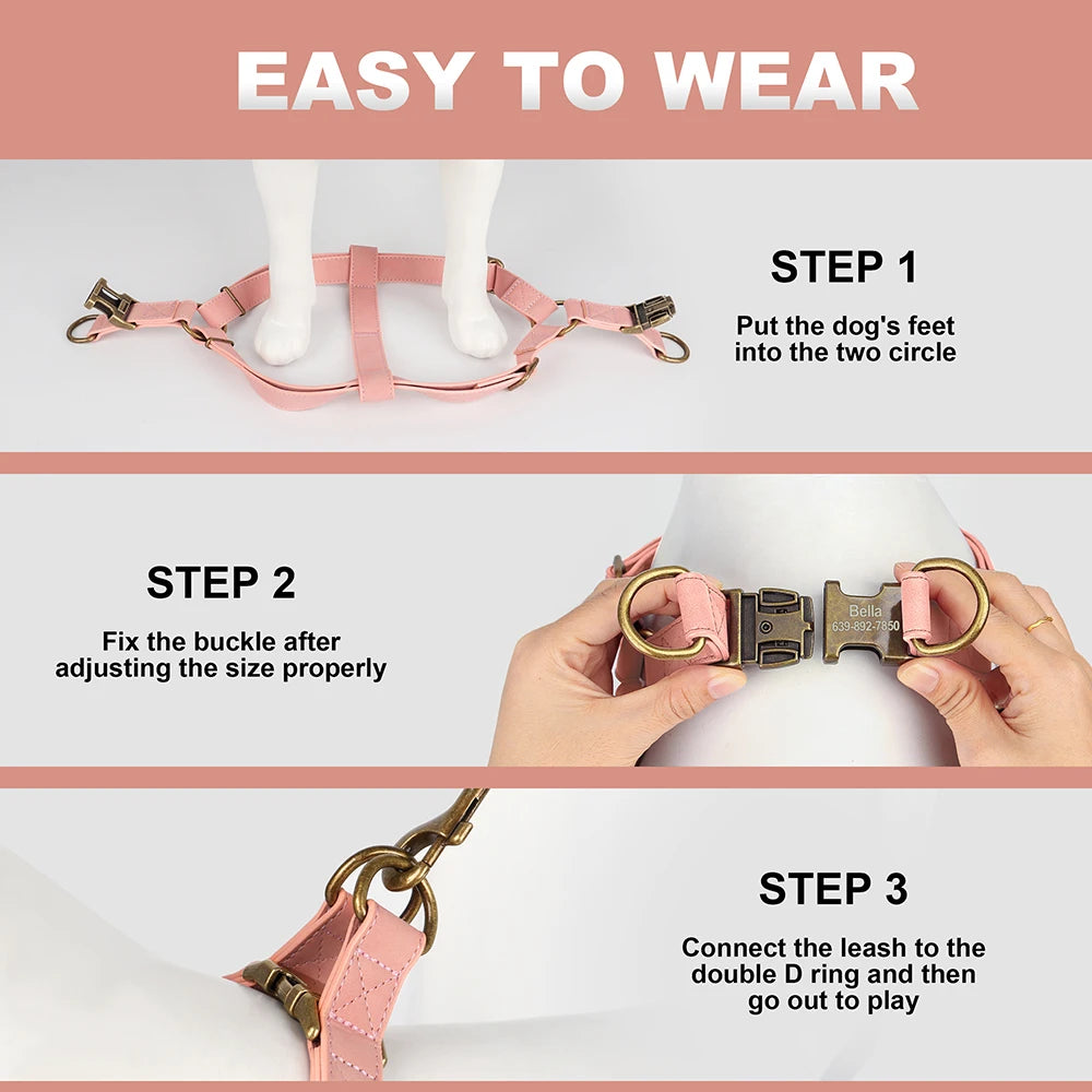 Personalisiertes PU Leder Hundegeschirr mit Namensgravur – Robustes Dog Vest Geschirr mit Schnallenverschluss für kleine, mittlere & große Hunde