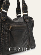 Vintage Tote Bag aus gewaschenem PU-Leder – Große Schulter- & Crossbody Tasche mit Zipperfächern, Flecht- & Quastendetails