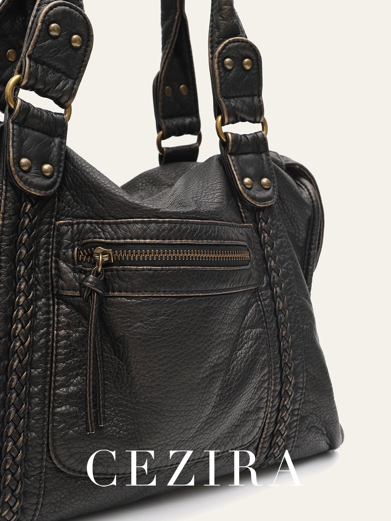 Vintage Tote Bag aus gewaschenem PU-Leder – Große Schulter- & Crossbody Tasche mit Zipperfächern, Flecht- & Quastendetails