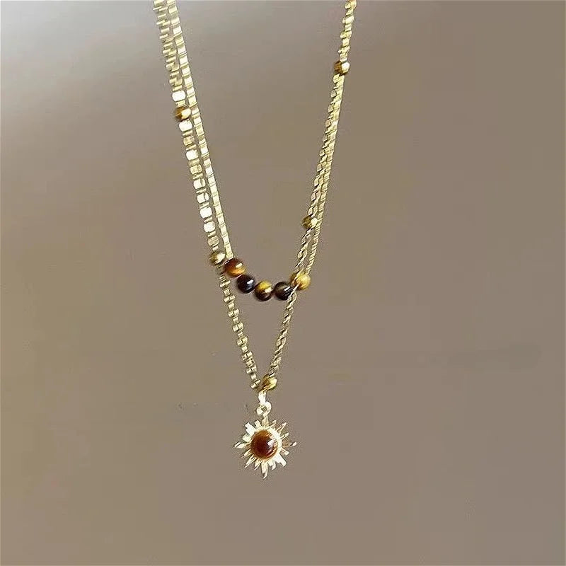 Vintage Leder Halskette mit braunem Stein-Anhänger – Retro Stacking Choker & Clavicle Chain im Hip-Hop Stil für Damen