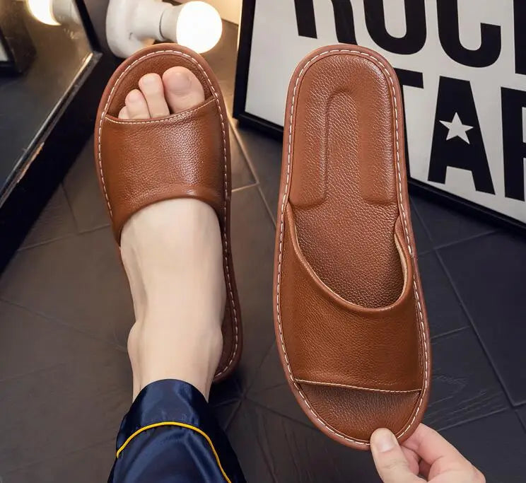 Unisex Leder Hausschuhe – Klassische Flat Slipper aus echtem Leder für Zuhause, Bequeme Herren & Damen Hausschuhe