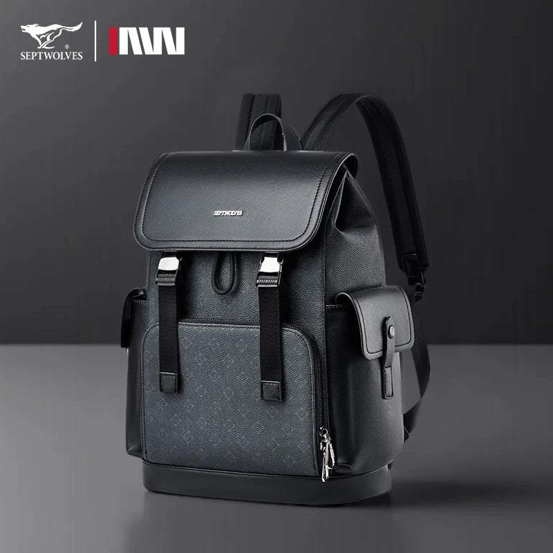 SEPTWOLVES Business Leder Rucksack Herren – Stylischer Monogramm Laptop Rucksack mit Klappe & Kordelzug für Arbeit & Pendeln