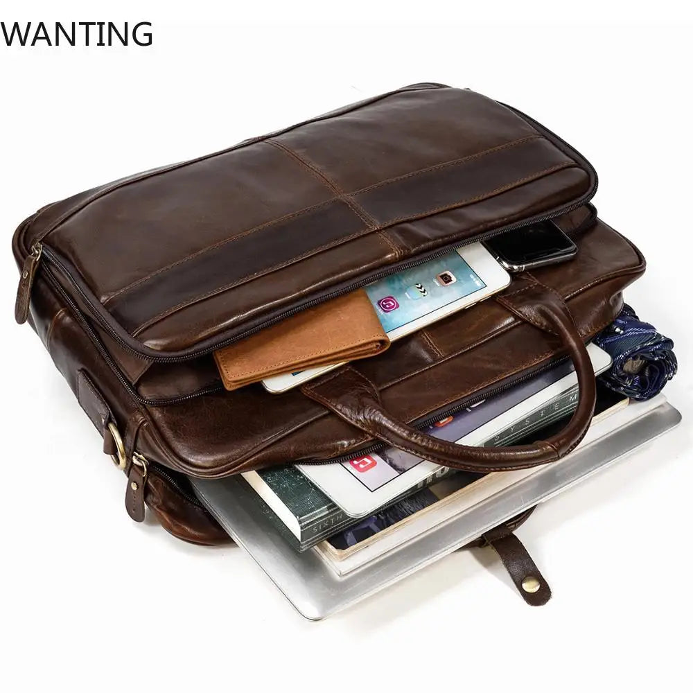 WANTING Luxus Leder Aktentasche aus echtem Rindsleder – Weiche Business Laptoptasche für 14–15,6 Zoll Laptop, elegante Schulter-Briefcase für Damen & Herren