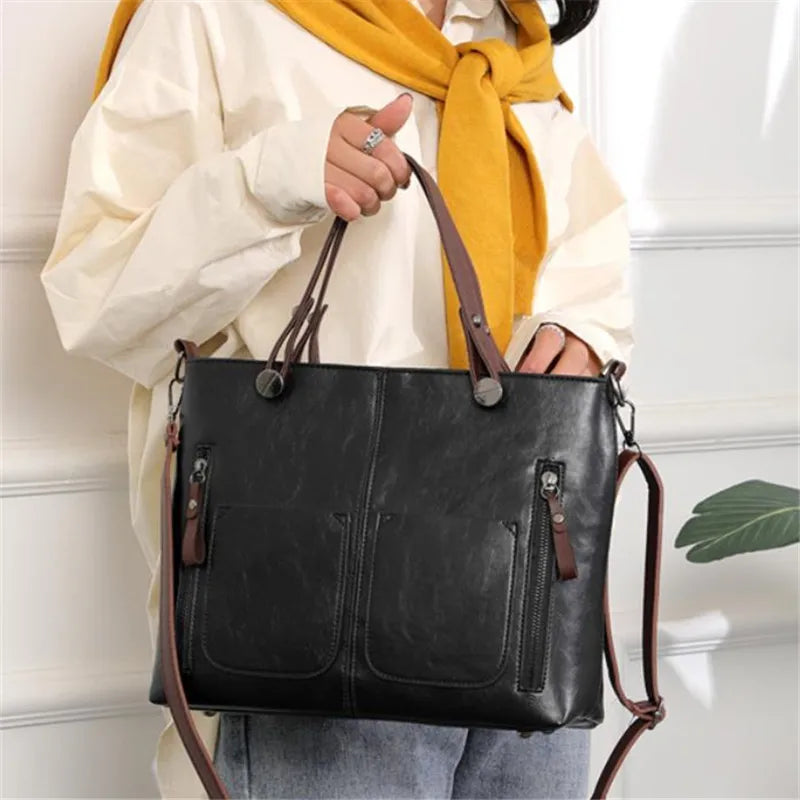 FXZLLQ Bolso de mano retro de cuero para mujer: bolso de mano con bolsillo con cremallera doble, bolso clásico para estudiantes y cruzados para negocios y negocios