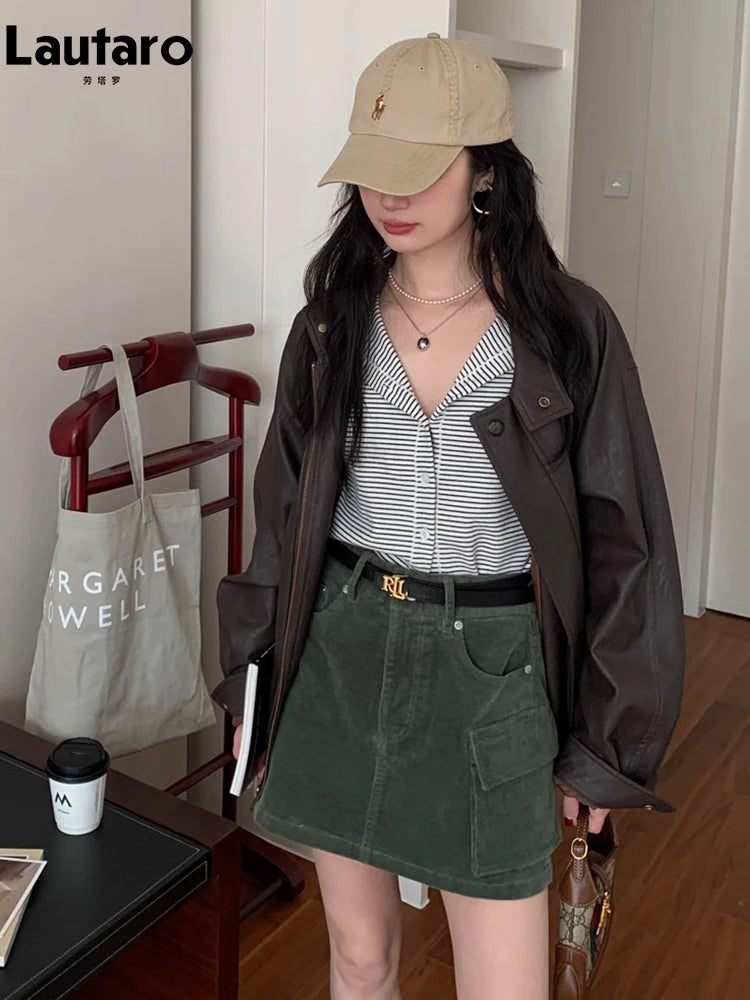 Lautaro Damen Kunstleder Jacke Braun Oversized – American Retro Faux Leather Jacke mit Drop-Shoulder, Reißverschluss & Taschen