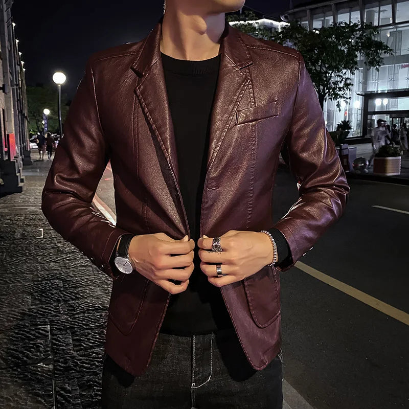 Sakko Slim Fit en cuir PU pour hommes – Blazer en cuir tendance pour soirées et affaires décontractées, veste élégante en noir, rouge, bleu et kaki