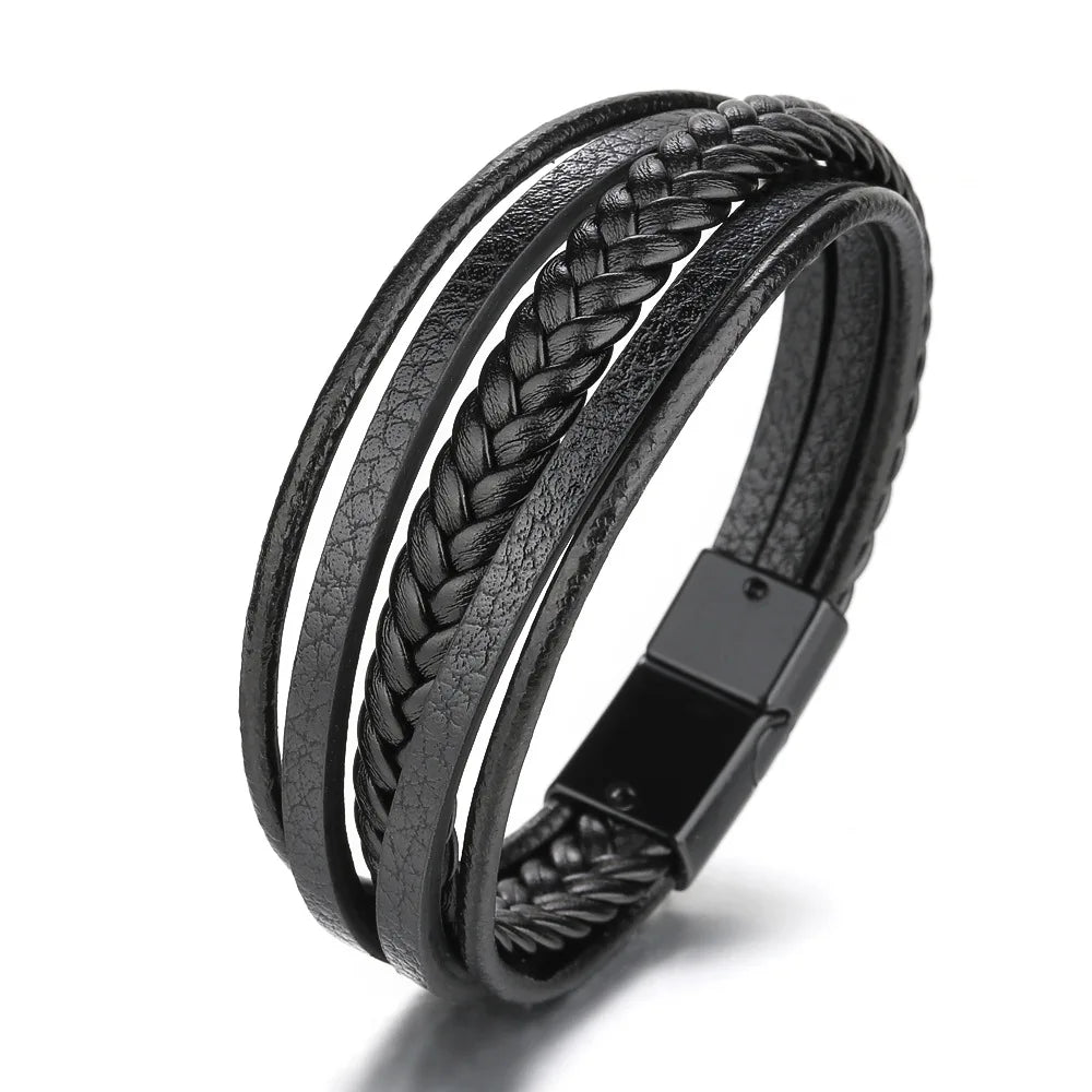 Herren Lederarmband mit Edelstahl & geflochtenem Design – Mehrlagiges Vintage Armband 21 cm für stilbewusste Männer