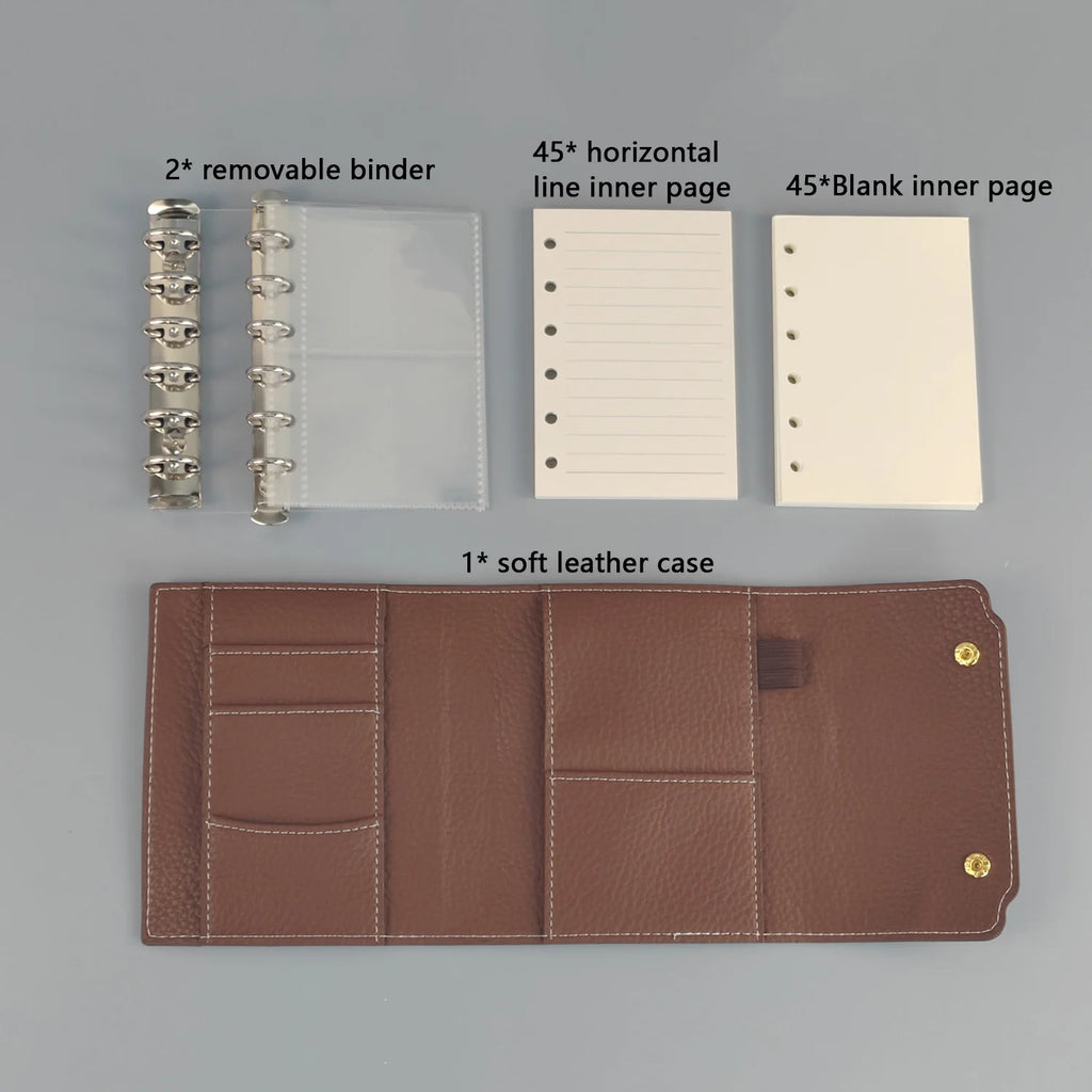 Notizbuch im Retro-Stil im A7-Format mit 2 herausnehmbaren Bindern aus weichem Kunstleder, dreifach gefaltetem Notizblock mit losen Blättern und tragbarem Tagebuch