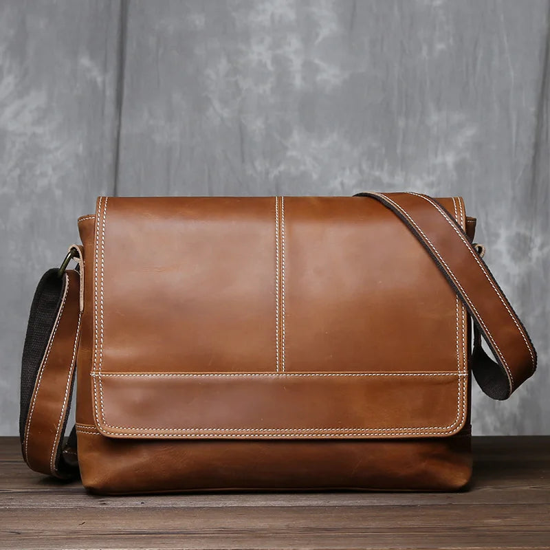 Retro Herren Rucksack aus echtem Crazy Horse Leder – Ein-Schulter Messenger Bag, horizontales Design, große Kapazität, Vintage-Stil