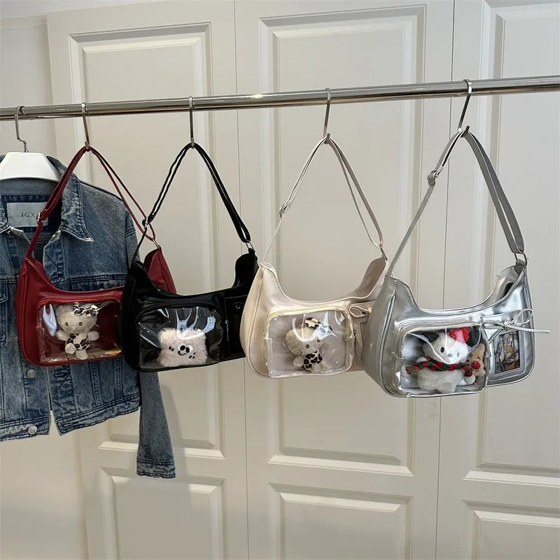 Y2K Harajuku Damen Schultertasche – Transparent Ita Bag im koreanisch-japanischen Preppy-Stil mit Schleife, Sac à main bandoulière
